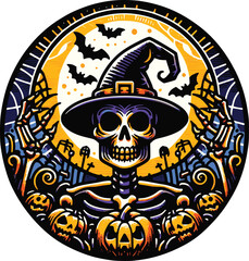 Spooky Halloween Logo and T-Shirt Design with Pumpkins, Skulls, and Bats