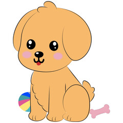 Obraz premium A fun and cute illustration of a tan puppy with big black eyes and a tiny pink tongue sitting next to a colorful ball and a pink bone.