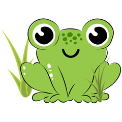 Cheerful cartoon frog with big eyes and a happy expression, sitting in green grass. Simple and vibrant illustration perfect for children’s projects and playful designs.