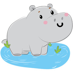 Cheerful cartoon hippopotamus standing in water with greenery, perfect for children’s book illustrations or educational content. The playful design and vibrant colors make it engaging and fun.