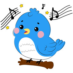 A cute blue nightingale is singing on a branch, surrounded by musical notes and stars. Perfect for kids' designs. The fun design and bright colors make it attractive and fun.