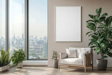 Fototapeta premium Poster Frame in Beige minimalist living room interior created with generative AI