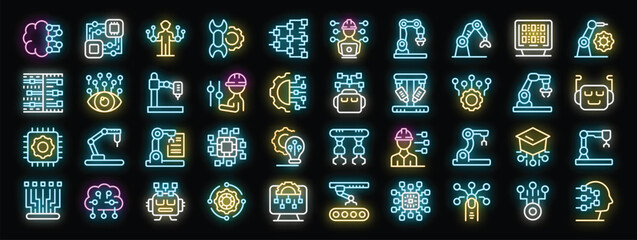 Automation technology neon icon set, industrial robot vector symbols, robotic arm collection, engineering signs, ai pack, cybernetic line icons, smart industry colorful neon illustrations