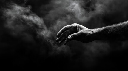 A close-up of a reaching hand emerging from a dark, smoky background, representing connection and emotion.