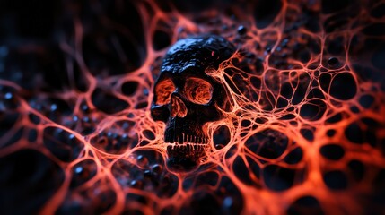 A haunting skull embedded in an intricate web of glowing red and black textures, evoking themes of mortality and mystery.