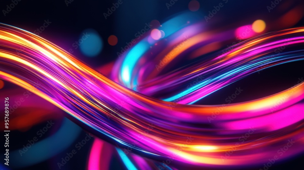 Sticker A vibrant display of colorful wavy lines in a dark background, showcasing light movement and dynamic energy.