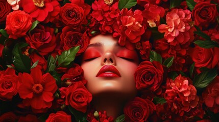 A stunning portrait of a woman surrounded by vibrant red flowers, showcasing beauty, romance, and nature's elegance.