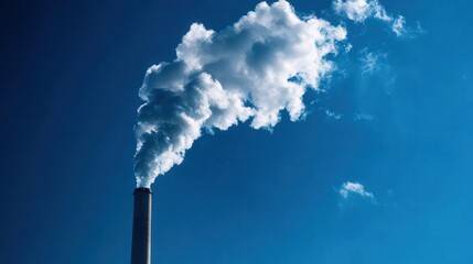 Fototapeta premium A tall chimney emits thick white smoke against a clear blue sky, symbolizing industrial pollution and environmental impact.