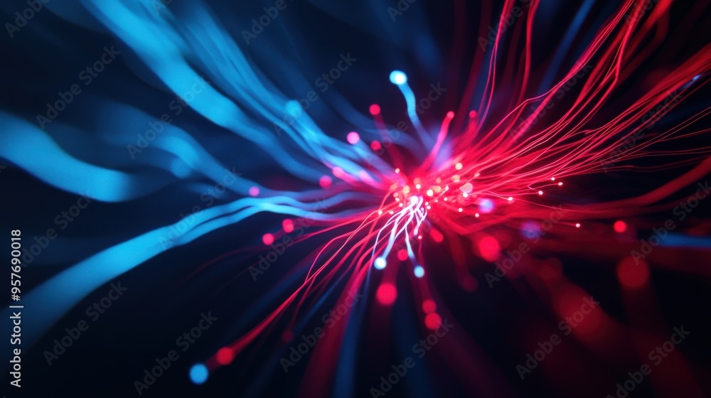 Poster Abstract digital illustration of colorful light trails in red and blue, creating a vibrant and dynamic visual experience.