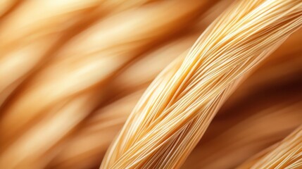 Close-up of intertwined, golden-colored strands. Ideal for showcasing texture, material, and organic beauty in photography.