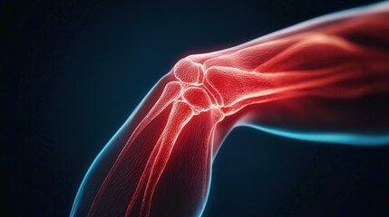 Detailed view of a human knee joint showcasing anatomy with vibrant red and blue highlights.
