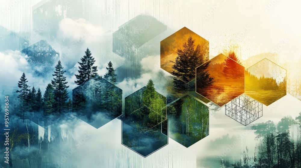 Aufkleber harmonious fusion of abstract natural elements and geometric shapes in hexagons