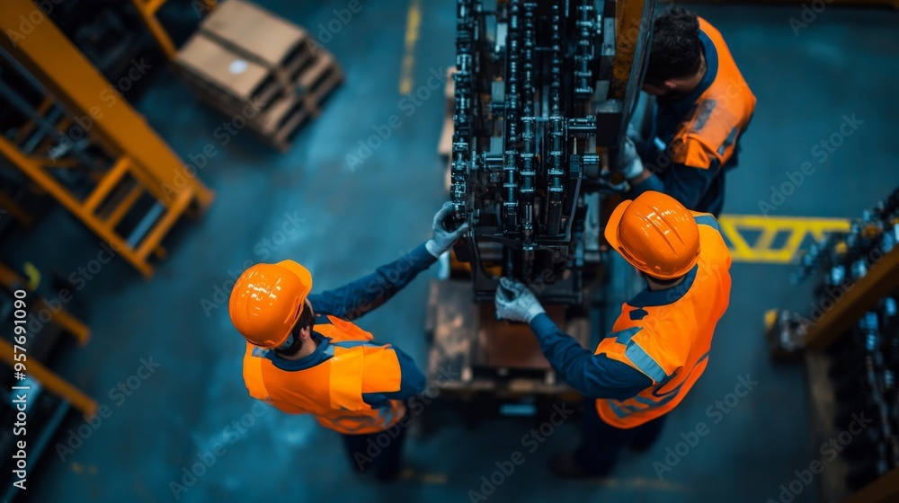 Poster top view of three factory workers in orange vests and helmets working on a complex machinery assembl