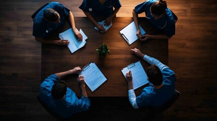 Top view of healthcare professionals discussing patient records in a meeting, emphasizing teamwork and communication in the medical field. - Powered by Adobe