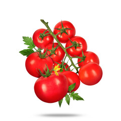 Fresh tomatoes with green leaves falling on white background