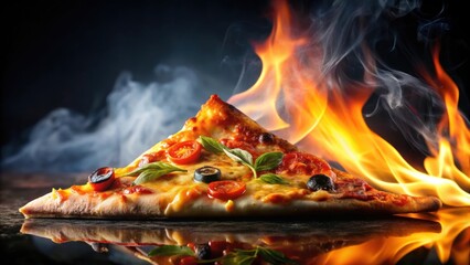 Hot pizza slice on dark background with fire and smoke effect, pizza, slice, hot, dark, background, fire, smoke, effect, food