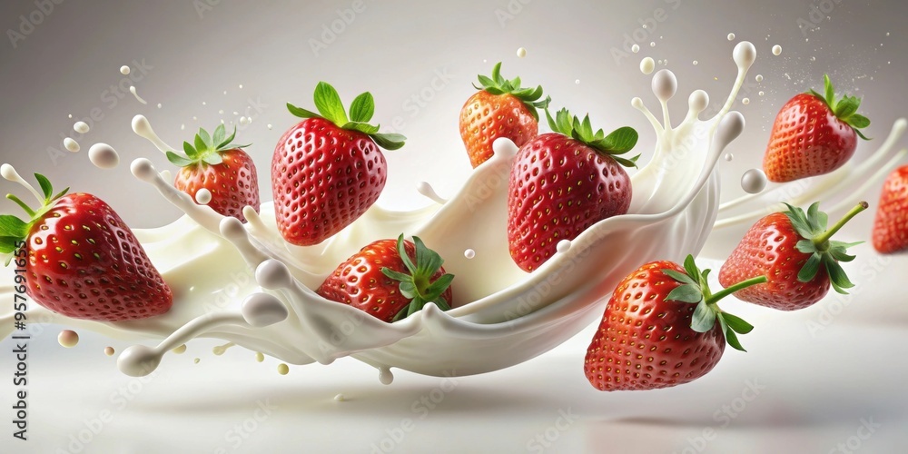 Canvas Prints Creamy strawberries dancing in a fruity essence , strawberries, cream, berries, dance, swirl, motion, vibrant, colorful