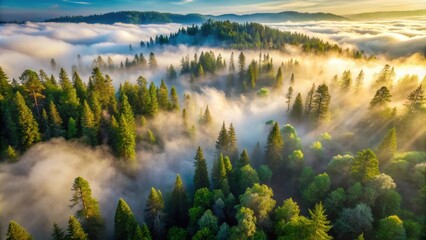 Stunning aerial view of a Redwood forest in morning fog, Redwood trees, forest, aerial view, nature, fog, morning, mist