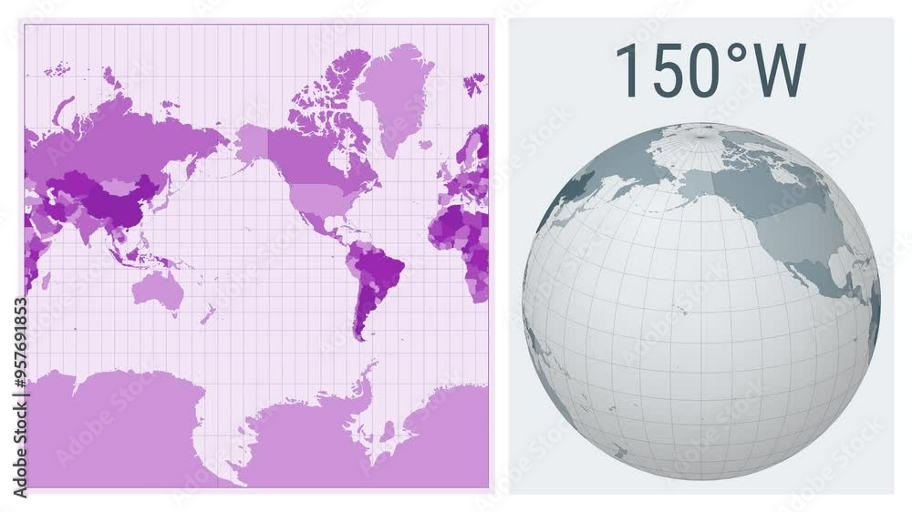Poster world map animation. spherical mercator projection. colored countries style. animated world map in m