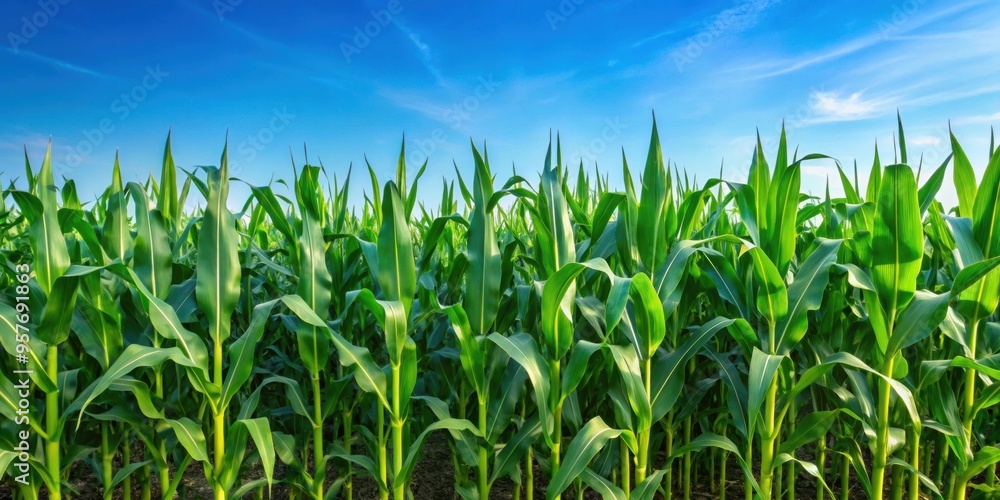 Sticker Field of vibrant green corn stalks under a clear blue sky, cornfield, agriculture, farming, rural, countryside, nature, crop