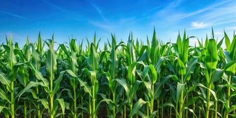 Obraz premium Field of vibrant green corn stalks under a clear blue sky, cornfield, agriculture, farming, rural, countryside, nature, crop
