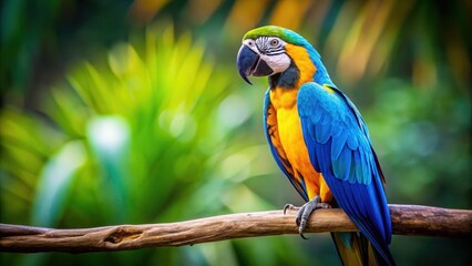 Fototapeta premium Vibrant blue and yellow macaw perched on a branch, tropical bird