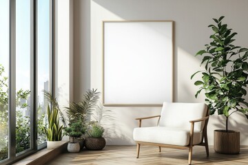 Poster Frame in Beige minimalist living room interior created with generative AI