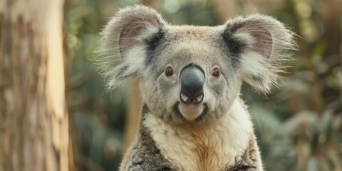 Naklejka premium The koala typically displays a gray brown hue with white fur on the chest inner arms ears and bottom It is characterized by a large round head prominent furry ears and a sizable black nose