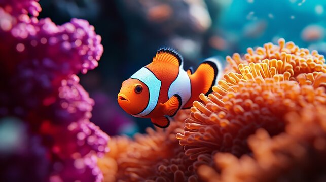 Vibrant clownfish swimming gracefully among colorful coral reefs in a crystal-clear underwater world, showcasing nature's aquatic beauty.