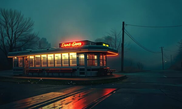 A neon-lit diner on a foggy night with ambient lighting and vintage feel.