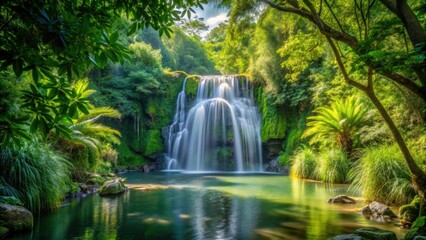 A serene waterfall framed by vibrant lush vegetation, creating a tranquil and picturesque setting, waterfall, lush