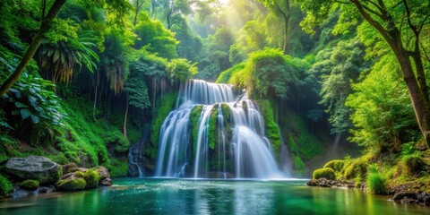 Peaceful waterfall surrounded by vibrant green lush vegetation, nature, waterfall, green, lush, tropical, serene