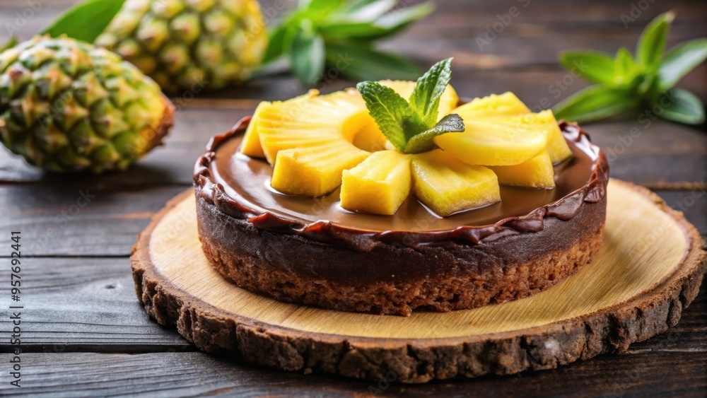 Wall mural Delicious chocolate dessert with fresh pineapples on top, chocolate, dessert, pineapples, sweet, indulgent, decadent, tasty