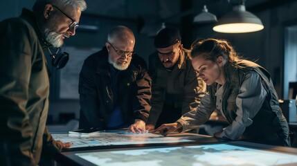 A group of four people, three men and one woman, are gathered around a table, looking at a map or diagram. The woman is pointing at the map. They are all wearing casual clothing, 