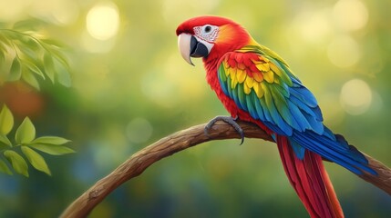 Vibrant red, blue, and green parrot perched on a branch in a lush, green forest with a beautiful bokeh background.