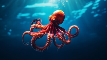 Naklejka premium Vibrant underwater photo of red octopus swimming gracefully, illuminated by sunlight rays, showcasing marine beauty and ocean life.