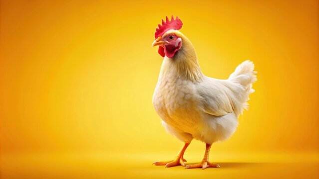 Happy chicken posing on a bright yellow background , cheerful, poultry, vibrant, cute, colorful, farm animal, animal