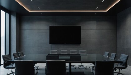 Nobody in the modern and elegant black empty company office interior with black chairs and mat black metal table sitting on a shiny gray floor 105