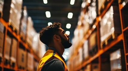 Warehouse worker in high-visibility vest inspecting shelves of goods during a busy workday in a logistics and distribution center.