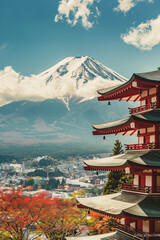 Naklejka premium A Serene and Picturesque Scene Showcasing a Traditional Japanese Pagoda with Mt. Fuji in the Background Amidst Autumn Colors