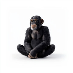 Naklejka premium A chimpanzee sitting on a clean white background, looking thoughtful and relaxed, with a calm expression.