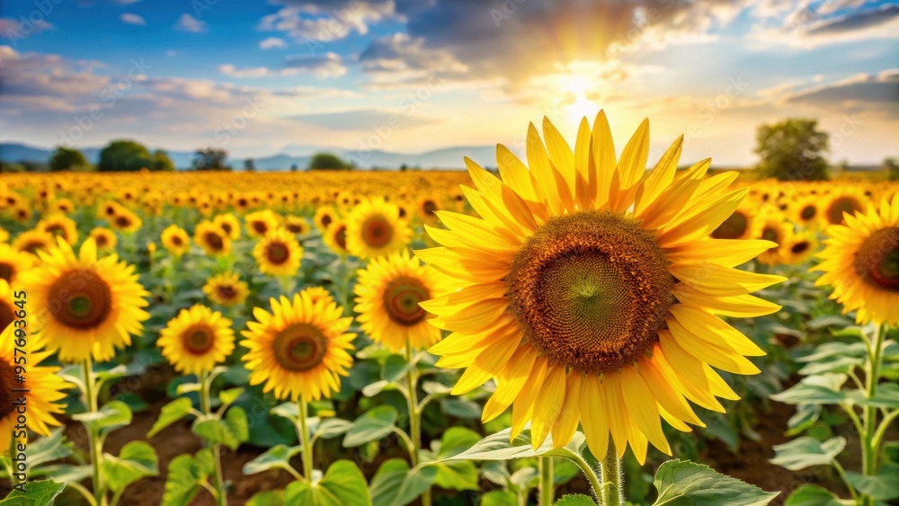 Sticker A beautiful yellow sunflower field in full bloom during the summer season, agriculture, nature, landscape, farm, flowers, petals