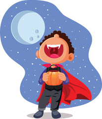 Kid Trick or Treating Dressed as a Vampire Vector Cartoon. Funny adorable boy celebrating Halloween in costume 
