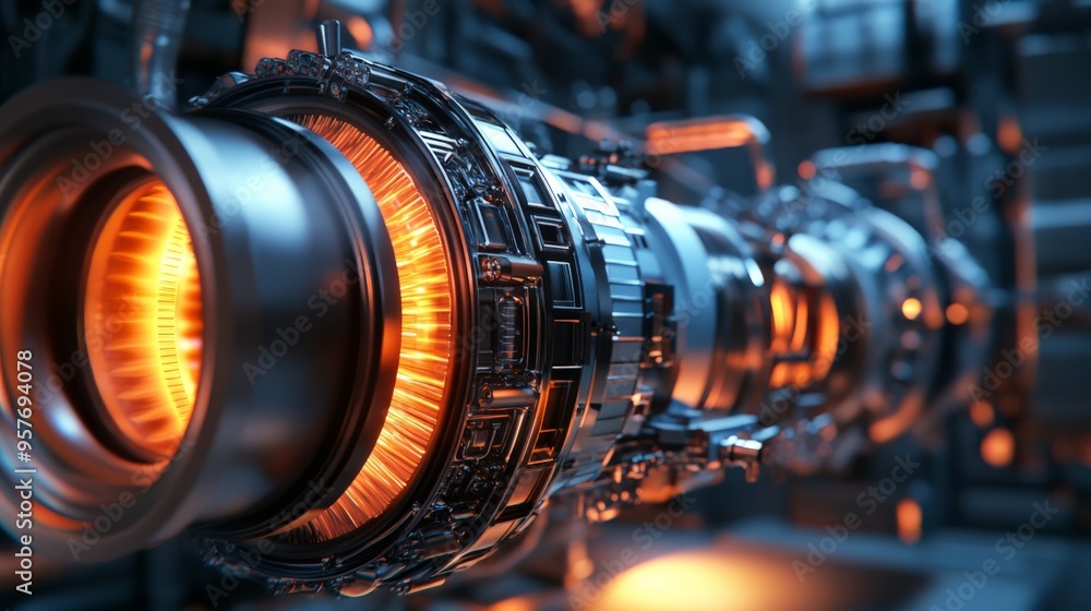 Poster a close-up view of a futuristic engine with glowing components and intricate details, showcasing adv