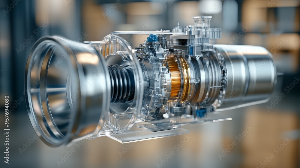 Poster 3d rendering of a powerful jet engine turbine in a modern industrial setting, showcasing detailed in