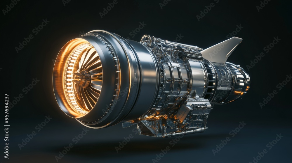 Poster close up of a futuristic jet engine showcasing intricate design and advanced technology, glowing rin