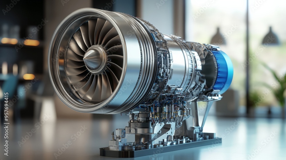 Poster close-up of a futuristic aircraft engine model displayed on a table, showcasing intricate mechanical