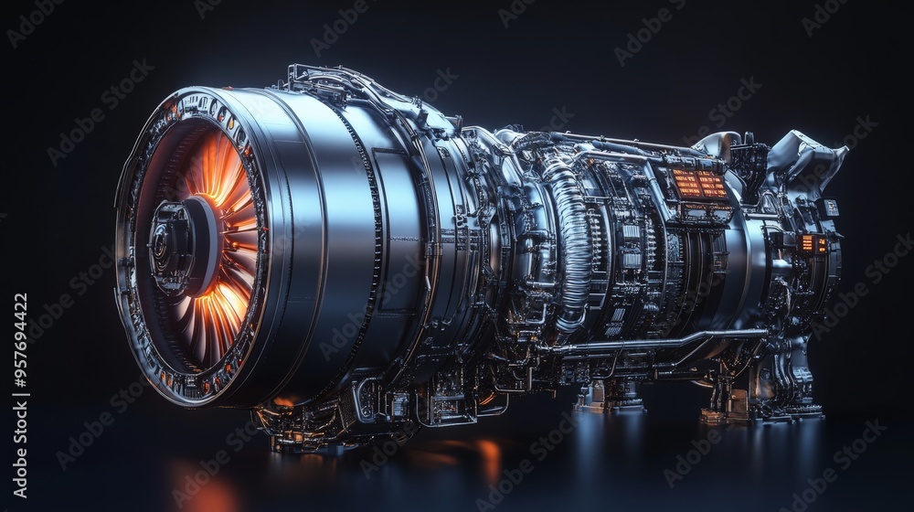 Poster close-up of a futuristic, high-tech jet engine with intricate details and glowing elements on a dark