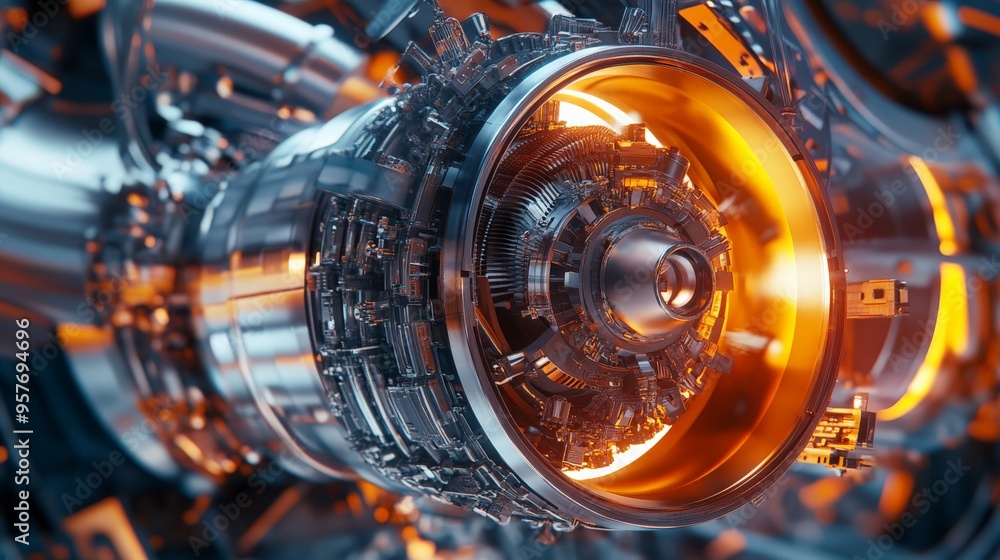 Poster close-up of a glowing futuristic engine with intricate metallic components, showcasing advanced tech
