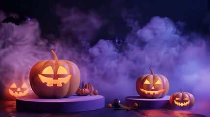 A glowing jack-o'-lantern sits on a purple, smoky platform with bats flying overhead.